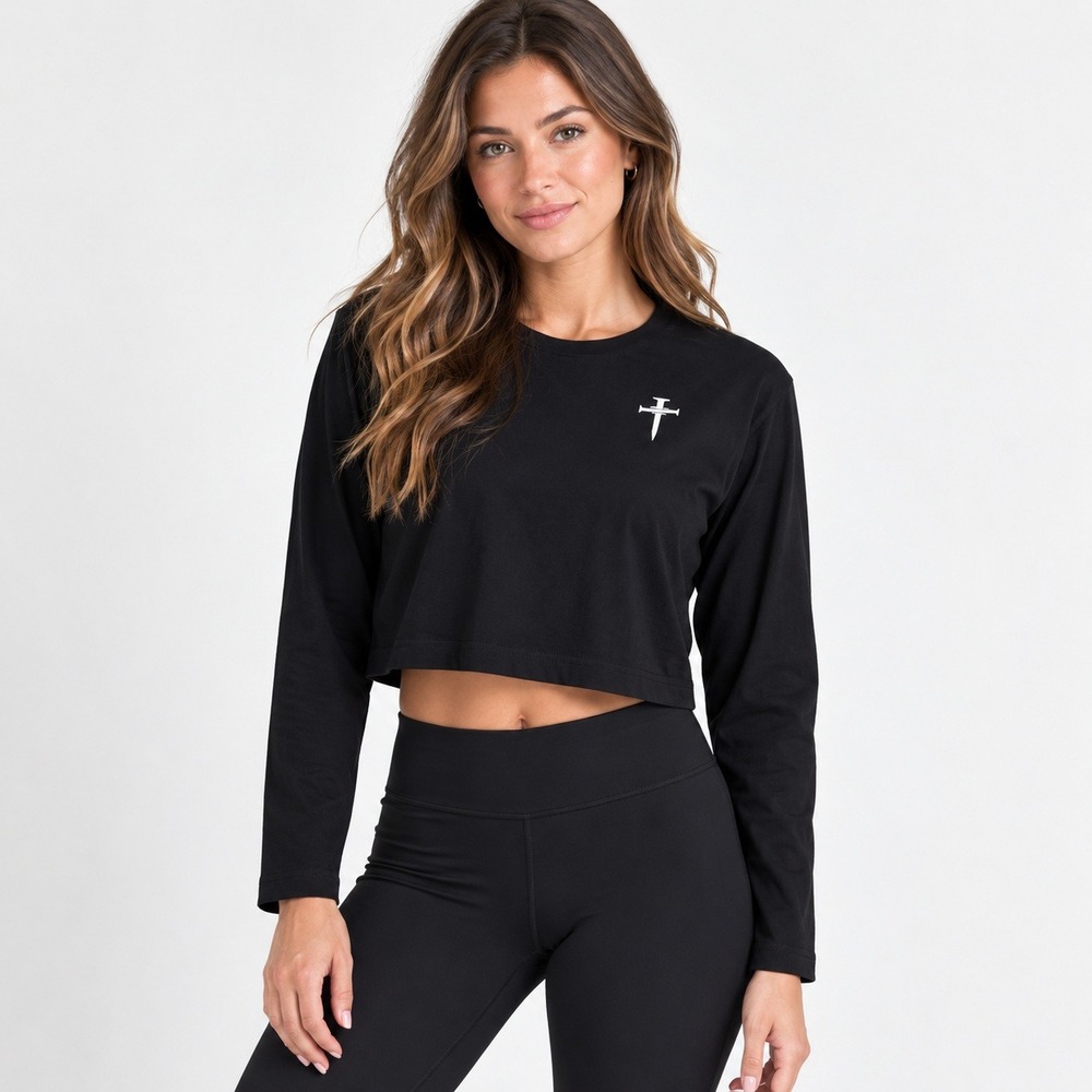 Three Nails Cropped Long Sleeve Top Women L Black Cross Logo Athleisure Faith